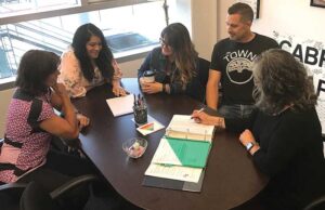 Group of students around a table studying